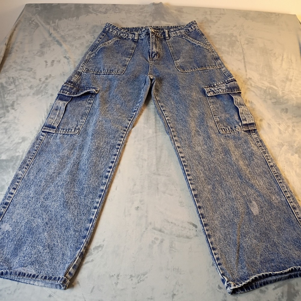 Shein Men Acid Wash Blue Cargo Jeans Wide Leg Utility Streetwear Size L‎ 31x27